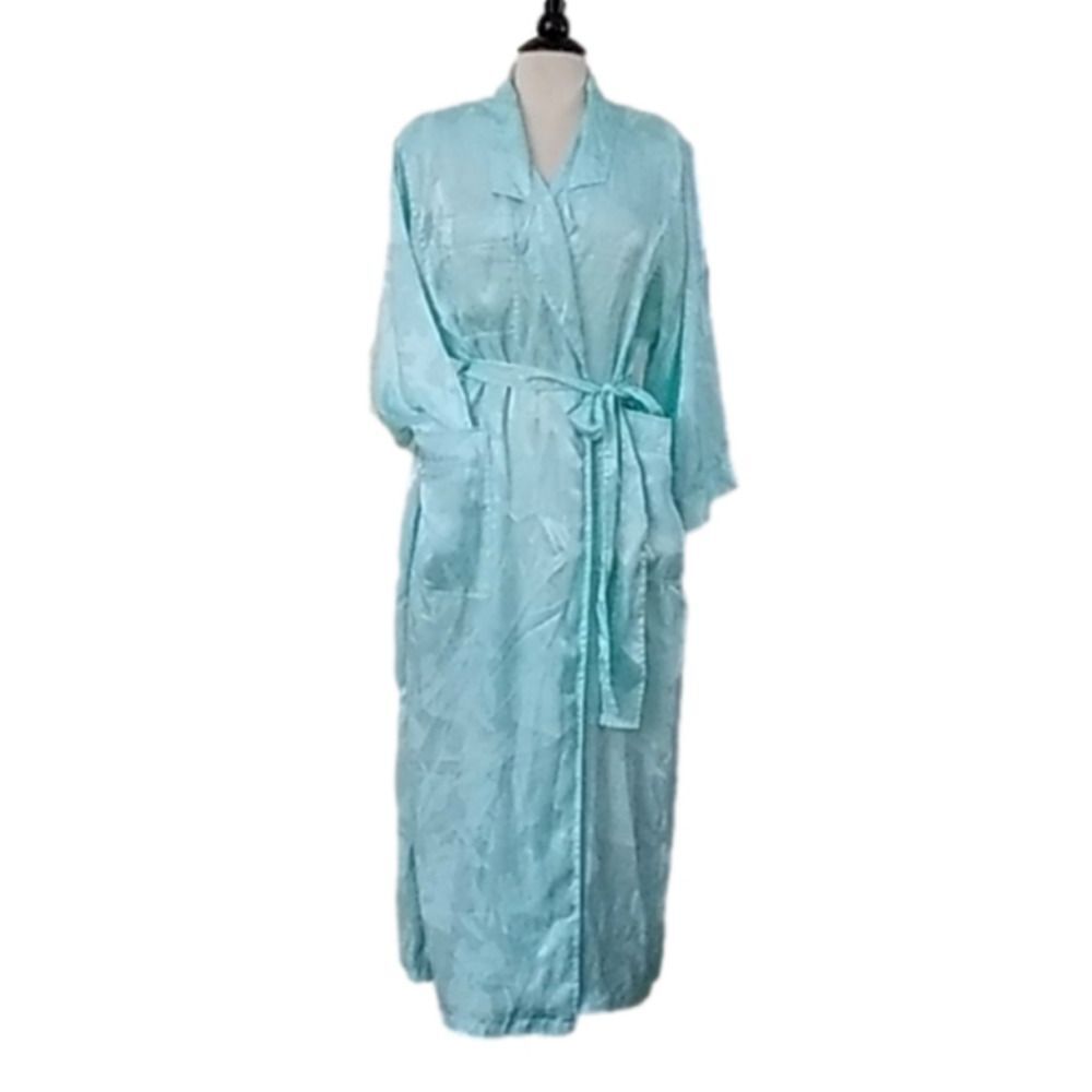 Vintage 90s Victoria’s Secret Aqua Blue Satin Full Length Robe M/ L